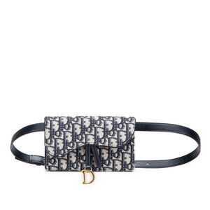 Dior Trotter Oblique Saddle Pouch Belt Bag Navy Blue Beige Tan Leather Jacquard